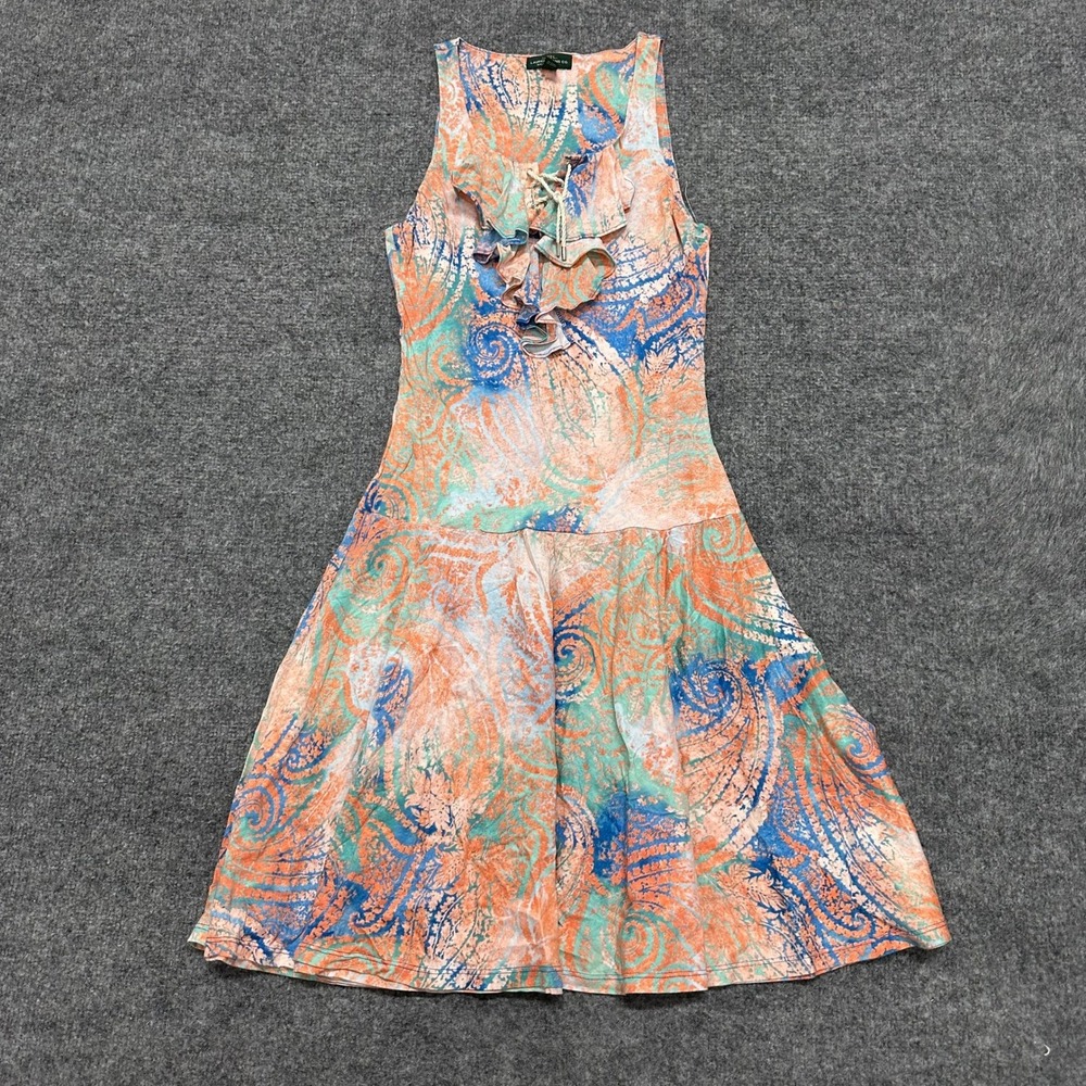Lauren Ralph Lauren Dress Womens XS Orange Blue Paisley Ruffle Cotton Sleeveless